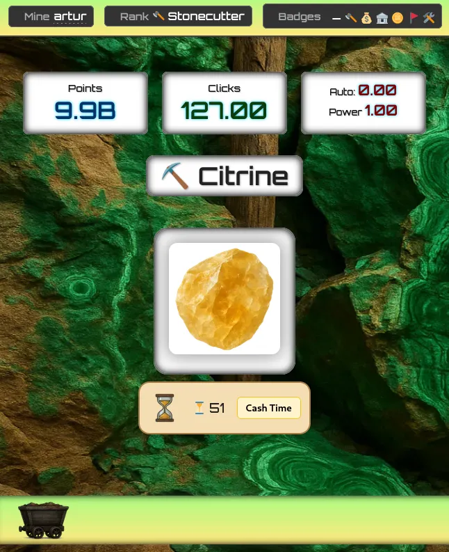 Badges and achievements earned for clicks, points and completed stages
