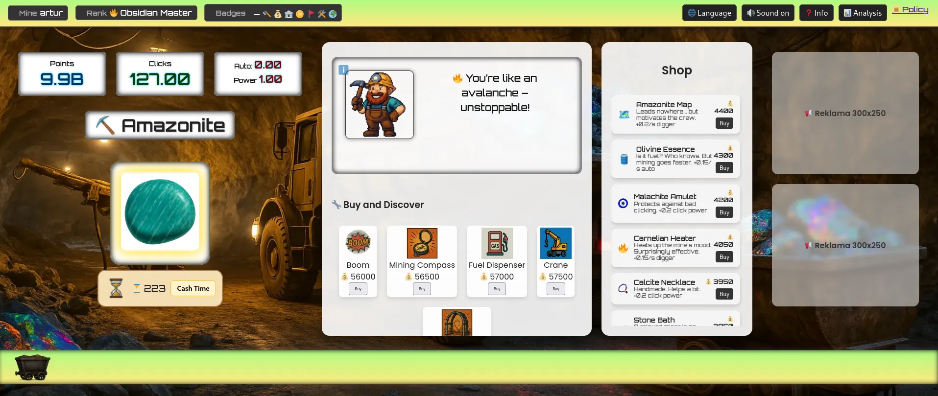 Tap Boom Master main gameplay screen with rock to tap and HUD counters