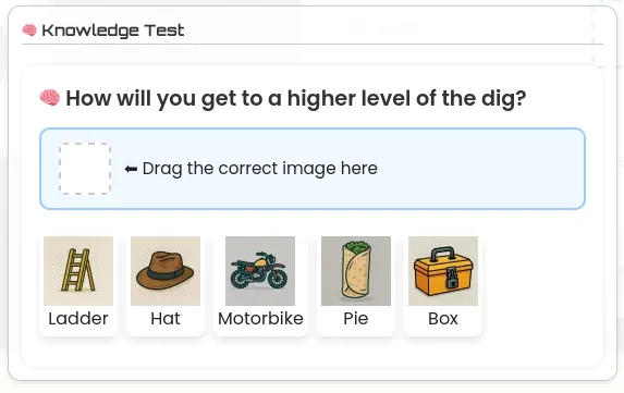 Knowledge quiz about tools, minerals and scientists with rewards for correct answers