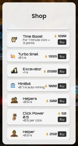 Shop with upgrades, diggers and tools to accelerate progress