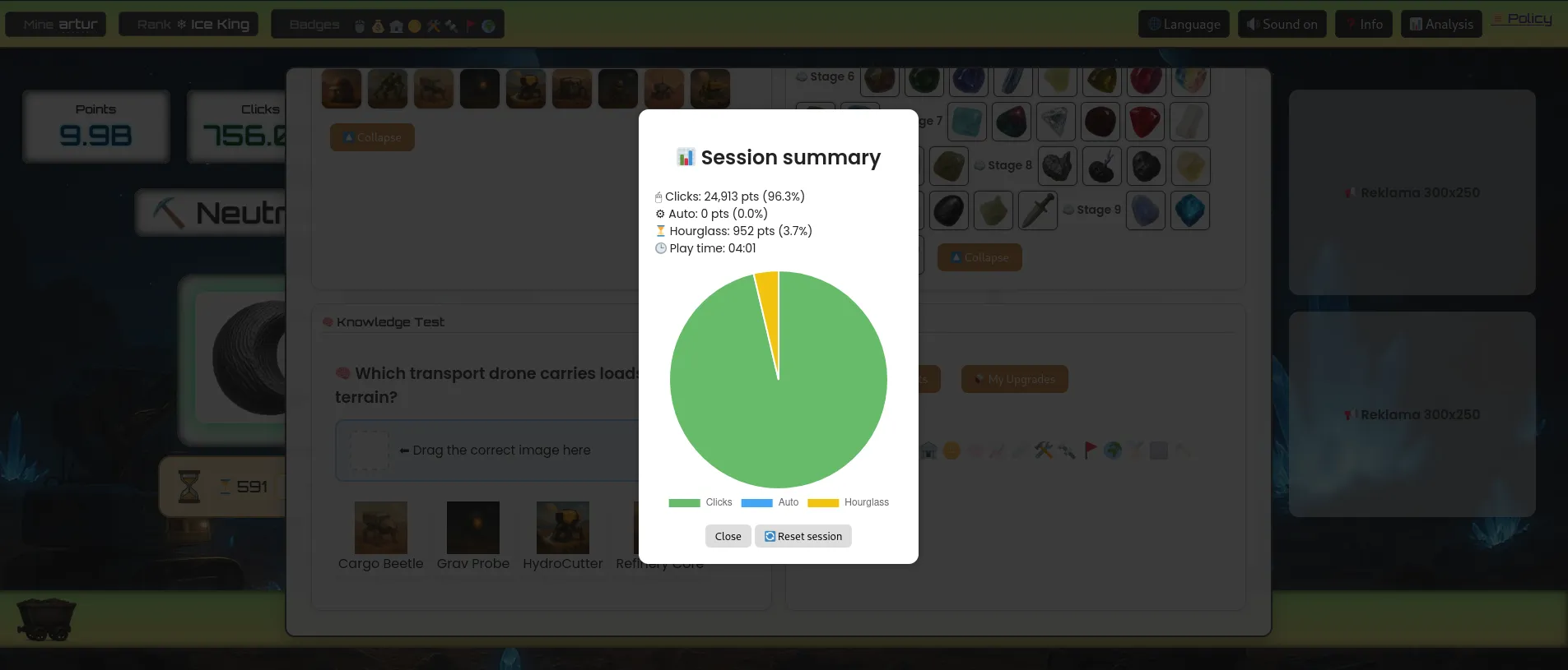 Statistics panel showing clicks, upgrades and progress over time